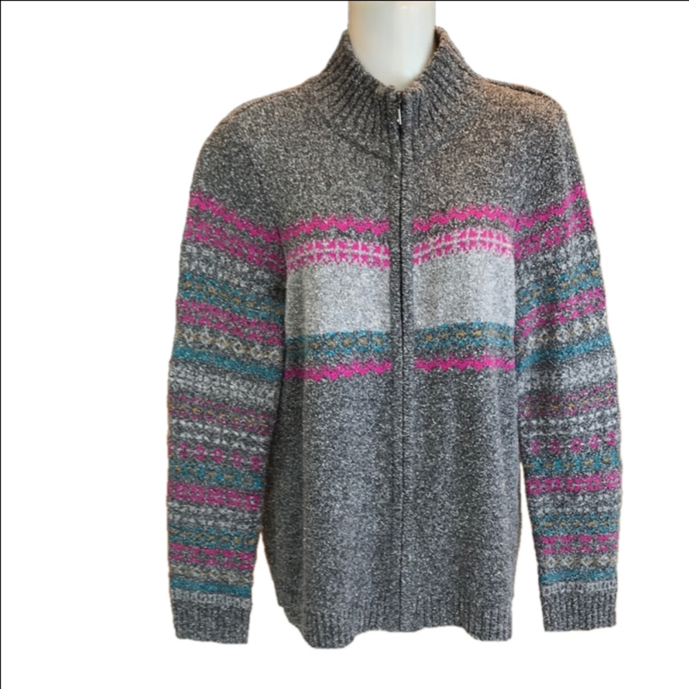 Northern Reflections Grey Marled Zip Up Sweater Pink Blue Stripes Women Sz. S